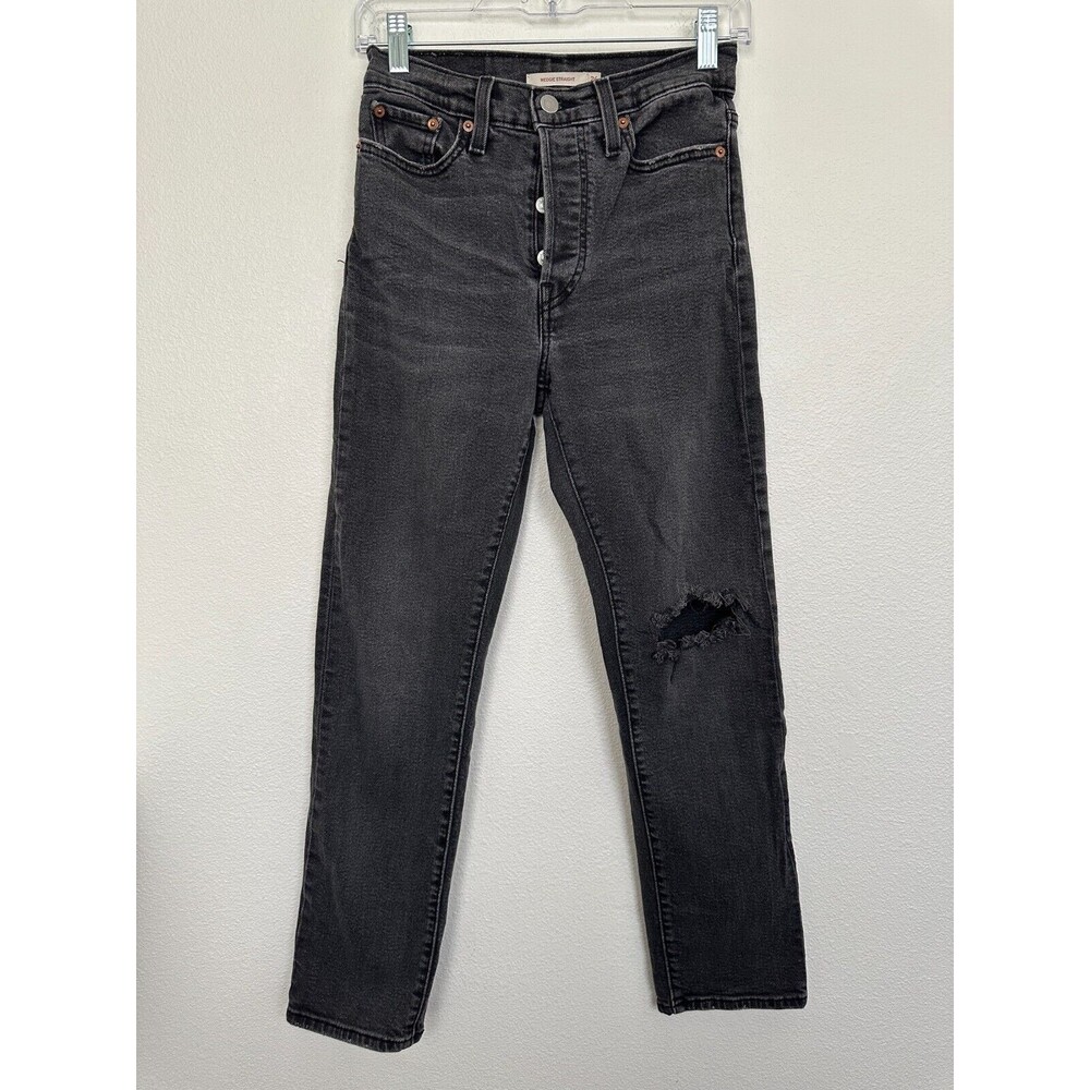 Levi's Wedgie Straight Button Fly Jeans Black Distressed High Rise Women's 26